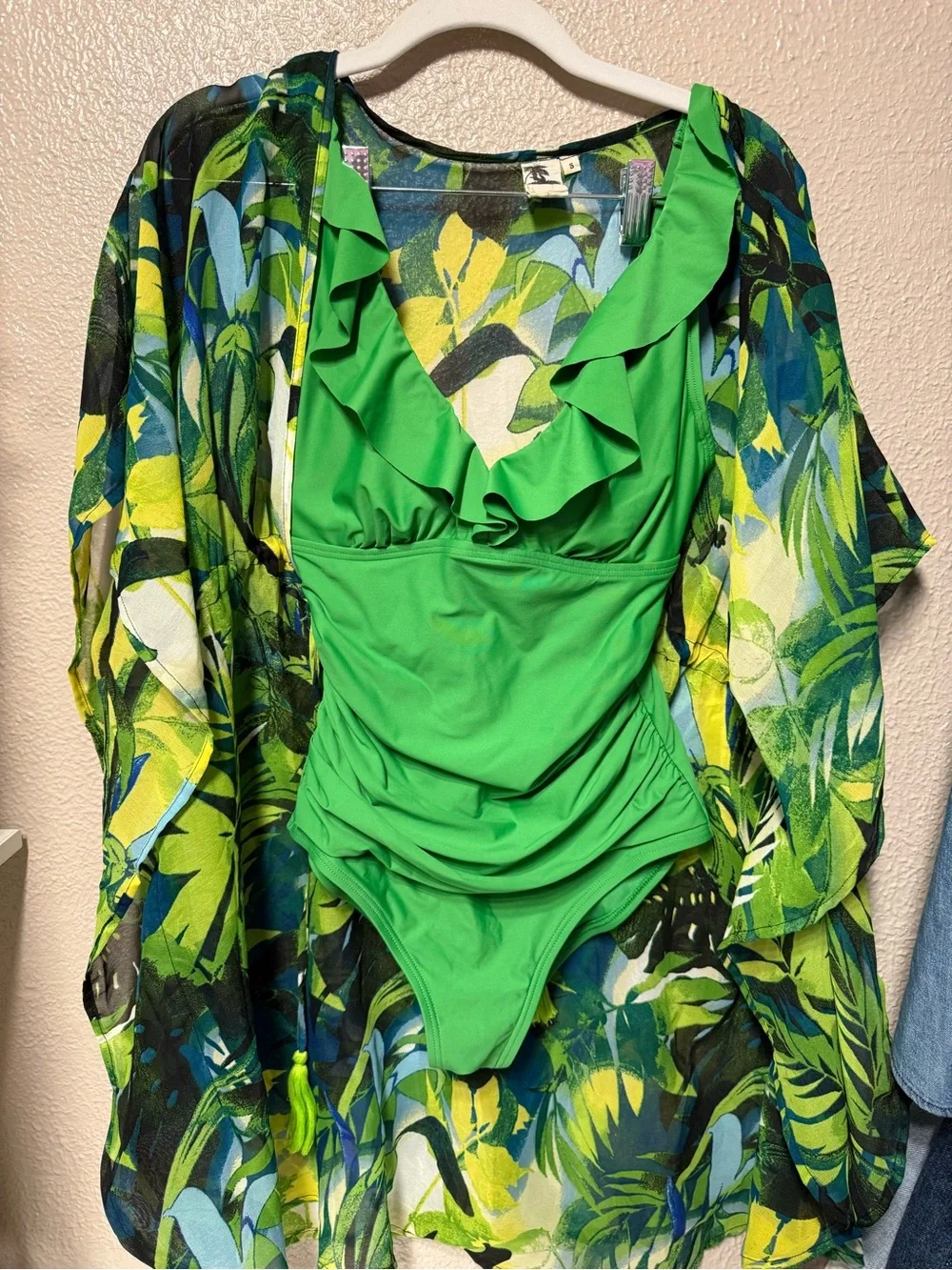DKNY Bright Green Swimsuit with Tropical Print Accent - Picture 4 of 4